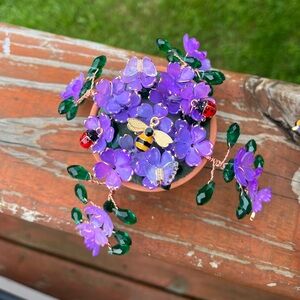 Handmade Purple and Green Beaded Plant with Bee, Butterfly and Ladybug Charms